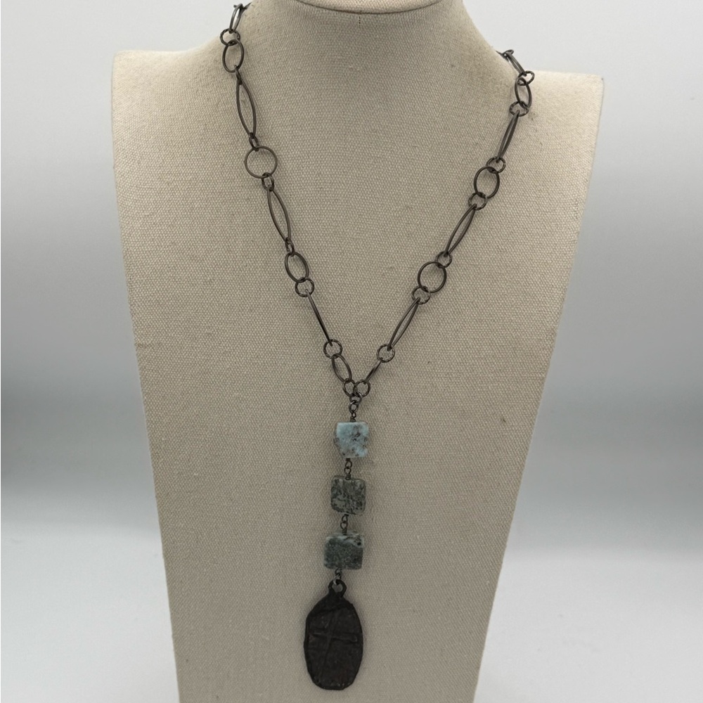 23 Lula n Lee 36” NWT Retired Gunmetal Chain Aquamarine Hand Soldered pendant
